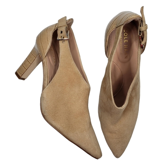 Cole Haan | Tan Genuine Suede Leather Pointed Toe Heeled Booties Women's 6.5 - Picture 1 of 12